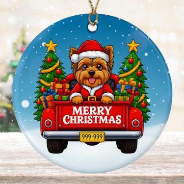 Imagem de DamienBrightGift Enfeite de Natal de Papai Noel Yorkshire Terrier - Caminhão vermelho de cerâmica com decoração de árvore - Presente de lembrança de feriado de cachorro Yorkie fofo - Decoração de