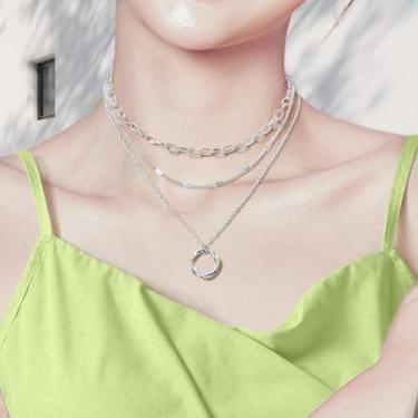 Imagem de Colar feminino em camadas de prata esterlina, corrente de gargantilha empilhável, pingente circular, Regular, Aço inoxidável, Sem Pedra Preciosa