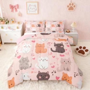 Imagem de Feelyou Jogo de cama solteiro com desenho animado de gatinho fofo, para crianças, meninos, meninas, gatos, decoração de quarto de animal, microfibra, 2 peças com 1 fronha