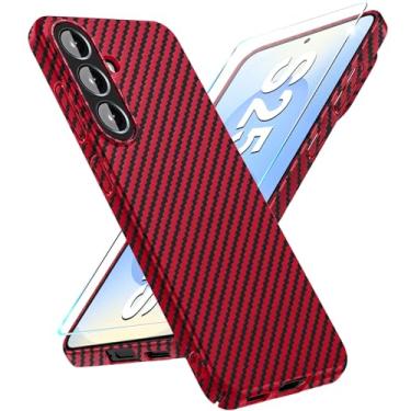 Imagem de Capa de fibra de carbono para Samsung Galaxy S25 Plus com protetor de tela Slim Fit para Samsung S25 Plus, capa de telefone resistente, durável, fina, híbrida, PC, capa de proteção rígida 5G (vermelha