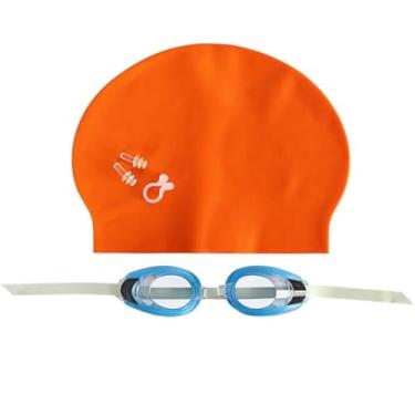 Imagem de Kit de Natação com Óculos, Touca, Protetor de Ouvido e Nariz, Laranja, Silicone e Policarbonato, 5 Peças, Proteção UV