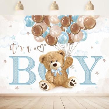 Imagem de Imirell Urso para meninos pano de fundo para chá de bebê 18,5 cm L L x 1,5 A pés é um menino, adorável ursinho de pelúcia marrom balões azuis desenho animado tecido de poliéster crianças recém-nascidos, fundos de fotografia para sessão de fotos, decoração