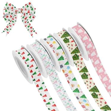 Imagem de SEHANY 5 rolos de fita de Natal 0,59 polegadas 5 jardas fitas de tecido de árvore de Natal fitas de cetim festivas fitas decorativas de Natal para embrulho de presente faça você mesmo artesanato