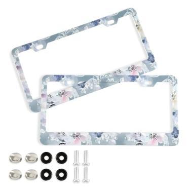 Imagem de SEHANY Molduras de placa de licença de flores florais coloridas, capas de moldura de placa de carro de alumínio à prova de ferrugem com orifícios elípticos e parafusos serve para veículos padrão dos