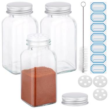Imagem de Segarty Frascos de especiarias de 170 g com tampa de alumínio prateado, 3 recipientes quadrados de especiarias de 180 ml, organizadores de temperos de vidro vazios para armazenamento de ervas de