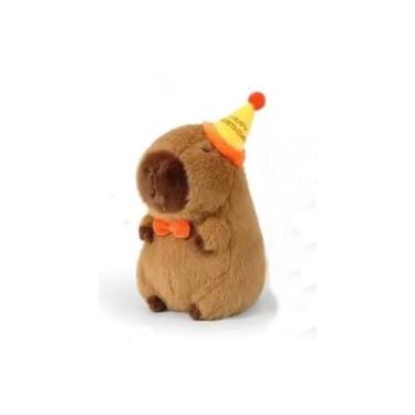 Imagem de Capivara de Pelúcia Aniversário – Bichinho de Pelúcia com Chapéu “Happy Birthday”, Fofo, Macio e Decorativo – 3 Tamanhos (Pequeno, Médio e Grande) (Pequeno – 22 a 25 cm)