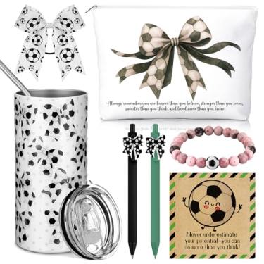 Imagem de Patelai 7 peças de material de futebol a granel 396.9 g copo de aço inoxidável bolsa de maquiagem pulseira de cabelo Scrunchies caneta esferográfica com cartões inspiradores presentes de futebol para