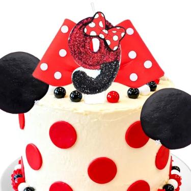 Imagem de LaVenty Decoração de 9º aniversário para bolo vermelho com laço, decorações de aniversário vermelhas, serve para decorações de aniversário da Minnie Mouse, para decorações de festa Minnie Mouse