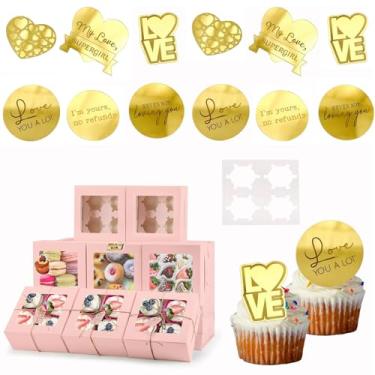 Imagem de Happy Valentine's Day Cupcake Topper,12 Pcs Gold Acrylic Mirror Disc Cake with 2PCS Pink Cupcake Container, 6 Count Cupcake Boxes Holding 12 Pastry Box for Engraved Cake Decorations (CCBoxes6)