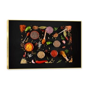 Imagem de Moldura dourada. Arte de parede em tela de especiarias coloridas e colher de tempero | Decoração de cozinha vintage | Arte moderna para casa e sala de jantar. B52. 80 x 120 cm - 31,5 x 47,3 pol