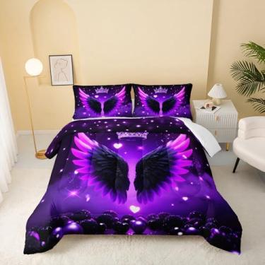 Imagem de QOOMO Jogo de cama solteiro com estampa de asa, coroa de desenho animado, para decoração de quarto de meninos e meninas, roxo, microfibra leve, 1 edredom e 2 fronhas