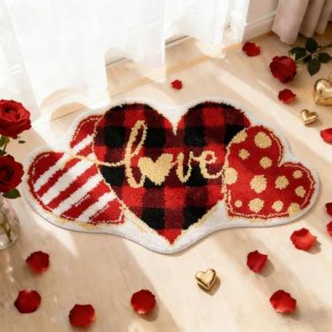Imagem de EYNDYN Tapete de banheiro com coração de Dia dos Namorados 100 x 50 cm Tapete de banho absorvente macio tufado vermelho xadrez em forma de coração tapete decorativo antiderrapante para banheiro, porta
