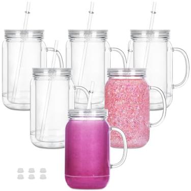 Imagem de Maucircol Copo de globo de neve acrílico de 680 g com alça, pacote com 6 frascos de plástico pré-perfurados de parede dupla para globo de neve com glitter, copo globo de neve de parede dupla com tampa