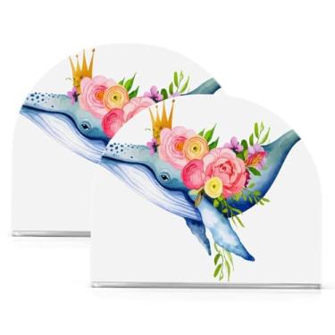 Imagem de Qilmy Baleia com flores vibrantes, porta-guardanapos de acrílico, suporte de lenços de mesa independente, dispensador de papel de coquetel para cozinha, jantar, restaurante, bar, decoração, 2 unidades