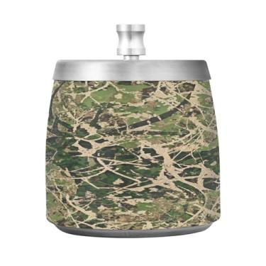 Imagem de Qilmy Cinzeiro abstrato camuflado de aço inoxidável com tampa - Cinzeiro de cigarro à prova de vento sem cheiro sem fumaça para casa, escritório, carro, pátio, varanda (uso interno e externo)