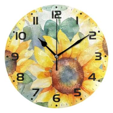 Imagem de JUZIHAI Relógio de parede girassóis silencioso, sem tique-taque, redondo, operado por bateria, fácil de ler, relógio decorativo de parede para casa, cozinha, sala de estar, quarto, escritório, 25 cm