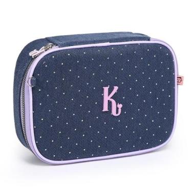 Imagem de Estojo Escolar Kika Box Organizador Jeans Quadrado Divisões, Azul