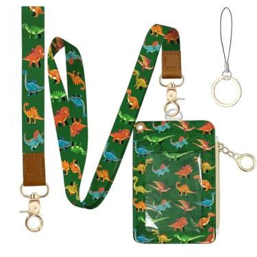 Imagem de Porta-crachá de couro de dinossauro com bolso com zíper, cordões retráteis verdes e 1 bolso com zíper e 4 compartimentos para cartão, cordões separáveis com fecho de metal para meninos, estudantes