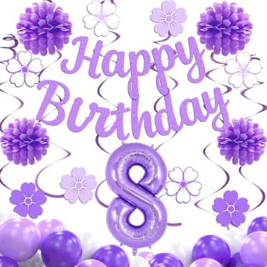 Imagem de Decorações de aniversário de 8 anos para meninas, decorações de festa brancas e roxas, faixa de feliz aniversário de 8 anos com flores de papel, guirlanda de pontos circulares, redemoinhos pendurados