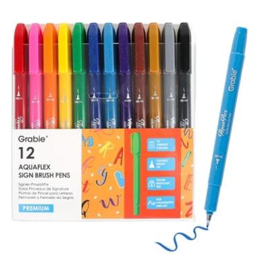 Imagem de Grabie Conjunto de 12 canetas pincel AquaFlex – ponta de pincel flexível à prova d'água, tinta de arquivo para caligrafia, diário, desenho e ilustração – vibrante, secagem rápida, não tóxica e à prova