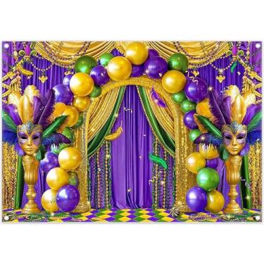 Imagem de ZTHMOE Tecido 2,1 x 1,5 m, cenário fotográfico, carnaval, baile de máscaras, dourado, roxo, balão, máscara, contas, fundo de contas, decorações de festa dançante, adereços para fotos