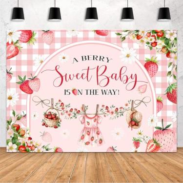 Imagem de MEHOFOND Pano de fundo de chá de bebê de morango para meninas, uma baga doce bebê está a caminho, decoração faixa rosa e branco, arco quadriculado, tema de baga doce, chá de bebê, fundo fotográfico de