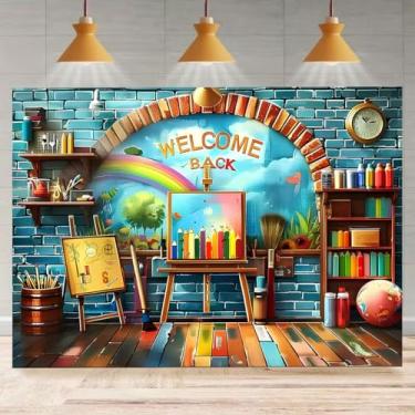 Imagem de Welcome Back to School Art Studio Pano de fundo azul tijolo prateleira de livros de madeira pincel paleta de lona decorações de parede crianças dia do professor estudantes bem-vindos eventos internos