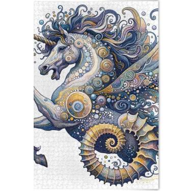 Imagem de Quebra-cabeça de unicórnio de cavalo marinho personalizado, 500 peças para adultos, quebra-cabeça de paisagem engraçada, brinquedo de família, arte, 52 x 37,8 cm