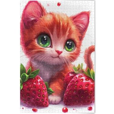 Imagem de Quebra-cabeça de 500 peças com estampa de arte animal de gato morango fofo gato morango quebra-cabeças grandes personalizados presentes tecnológicos, 52 cm x 37,8 cm