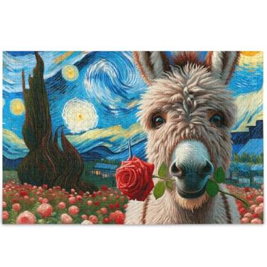 Imagem de Quebra-cabeça personalizado com flores rosas, burro, noite estrelada, 1000 peças, presentes para jogo de elefante branco, presentes exclusivos de arte animal, 75 x 50 cm