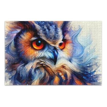 Imagem de Quebra-cabeça 500 peças para adultos, engraçado, rosto de coruja, aquarela divertido, para adultos, arte animal, flor, 51 x 37 cm