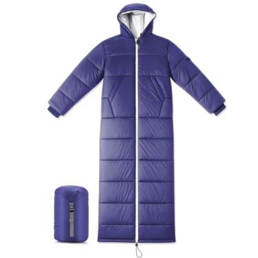 Imagem de Macarrie Saco de dormir vestível para adultos com mangas e capuz, 187 cm de comprimento, 0 graus, clima frio, isolado, saco de dormir para acampamento, caminhada e estádio (azul)