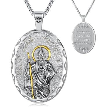 Imagem de OigvcoTe Colar São Miguel/São Cristóvão/Virgem Maria Padroeira, medalhão oval de cobre banhado a ouro com versículos da Bíblia, joia de amuleto de proteção religiosa para homens e mulheres, One Size