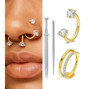 Imagem de Brincos de cartilagem de ouro prateado para mulheres, joias de hélice, brinco de argola dupla, hipoalergênico, cartilagem, segundo orifício, para mulheres, 16G, anel de septo, 18G, ferradura de nariz