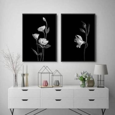 Imagem de Kit 2 Quadros Flores Branco E Preto 45X34Cm - Preta