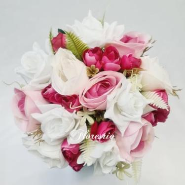 Imagem de Buquê de Noiva Artificial com Flores Coloridas para Casamento Civil ou Religioso(855Rosa/Botão/Branco)