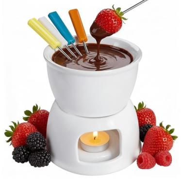 Imagem de Conjunto de Fondue Tebery com 4 Garfos de Cores, Vaso de Porcelana de Luz de Chá Premium para Queijo, Chocolate e Tapas - Branco