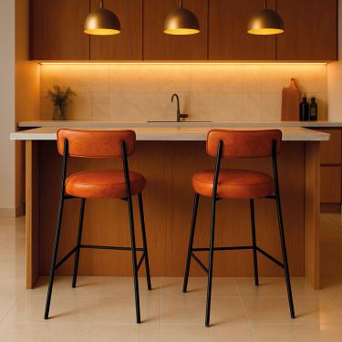 Imagem de Banqueta Cozinha Alta com Encosto Industrial Preto Kit 2 Londres PU Nozes D03 - D'Rossi