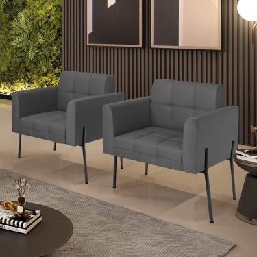 Imagem de Poltrona Sala Decorativa Kit 2 Elisa Pé Aço Lateral Preto Sintético Grafite D03 - D'Rossi