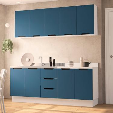Imagem de Cozinha Modulada 4 Peças sem Pia e Rodapé Maeena Politorno - Branco com Azul