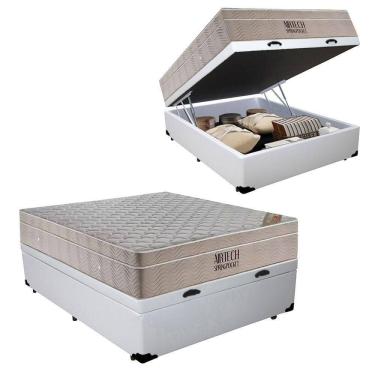 Imagem de Cama Box com Baú Casal Airtech Pillow Top Molas Ensacadas Courino Branco Ortobom