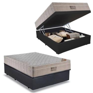 Imagem de Cama Box com Baú Casal Airtech Pillow Top Molas Ensacadas Courino Cinza Ortobom 138CM