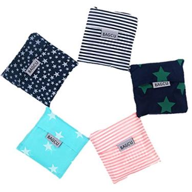 Imagem de Conjunto de 5 sacos de compras de mercearia reutilizáveis, sacola de compras dobrável, sacos de reciclagem de náilon em forma prática para compras, compra de vegetais, viagens ao ar livre, acampamento, caminhadas, 5 Colos in a set, 1