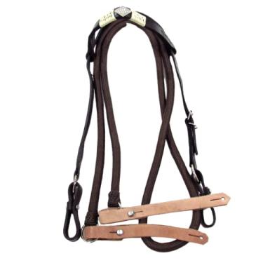 Imagem de Cabeçada e Rédea Para Cavalo Preta Trançada Aplique Zamac Losango Rédea Marrom