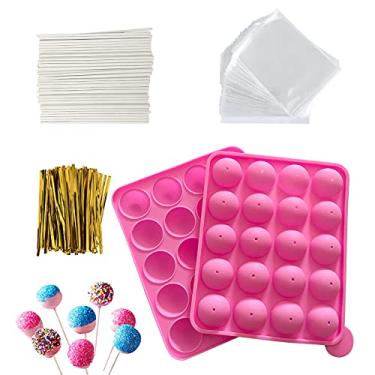 Imagem de HYCSC Kits de molde de bolo de silicone com 20 cavidades – Bandeja de bolo com 60 palitos de bolo, sacos, laços torcidos, ótimo para fazer bolos, molde de pirulito, pop de bolo e chocolate