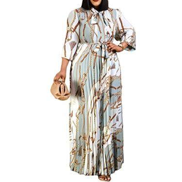 Imagem de Vestidos femininos estampados manga longa multicolorida esvoaçante vestido maxi de festa casual outono vestidos longos vestido de casamento plus size, verde, 2GG