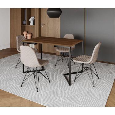 Imagem de Mesa Jantar Industrial Retangular Amêndoa 120x75 Base V com 4 Cadeiras Estofadas Nude Claro Aço Pret