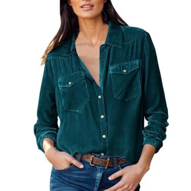 Imagem de Camisetas femininas de manga comprida blusa de veludo dourado blusa de botão vintage gola V lapela gola tops camisa com bolso, F#_verde, M