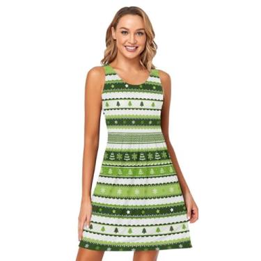 Imagem de KLL Conjunto de padrões de fita de Natal em verde vestido de verão feminino sem mangas camiseta vestido evasê, Conjunto de estampas de fitas de Natal em verde, P