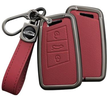 Imagem de HIBEYO Capa Smart Key Fob compatível com VW Volkswagen Passat Tiguan Skoda CC B8 MK2 B7 Superb A7 Magotan Key Leather & Alloy Key Cover Accessories with Keychains-A Keychain Red